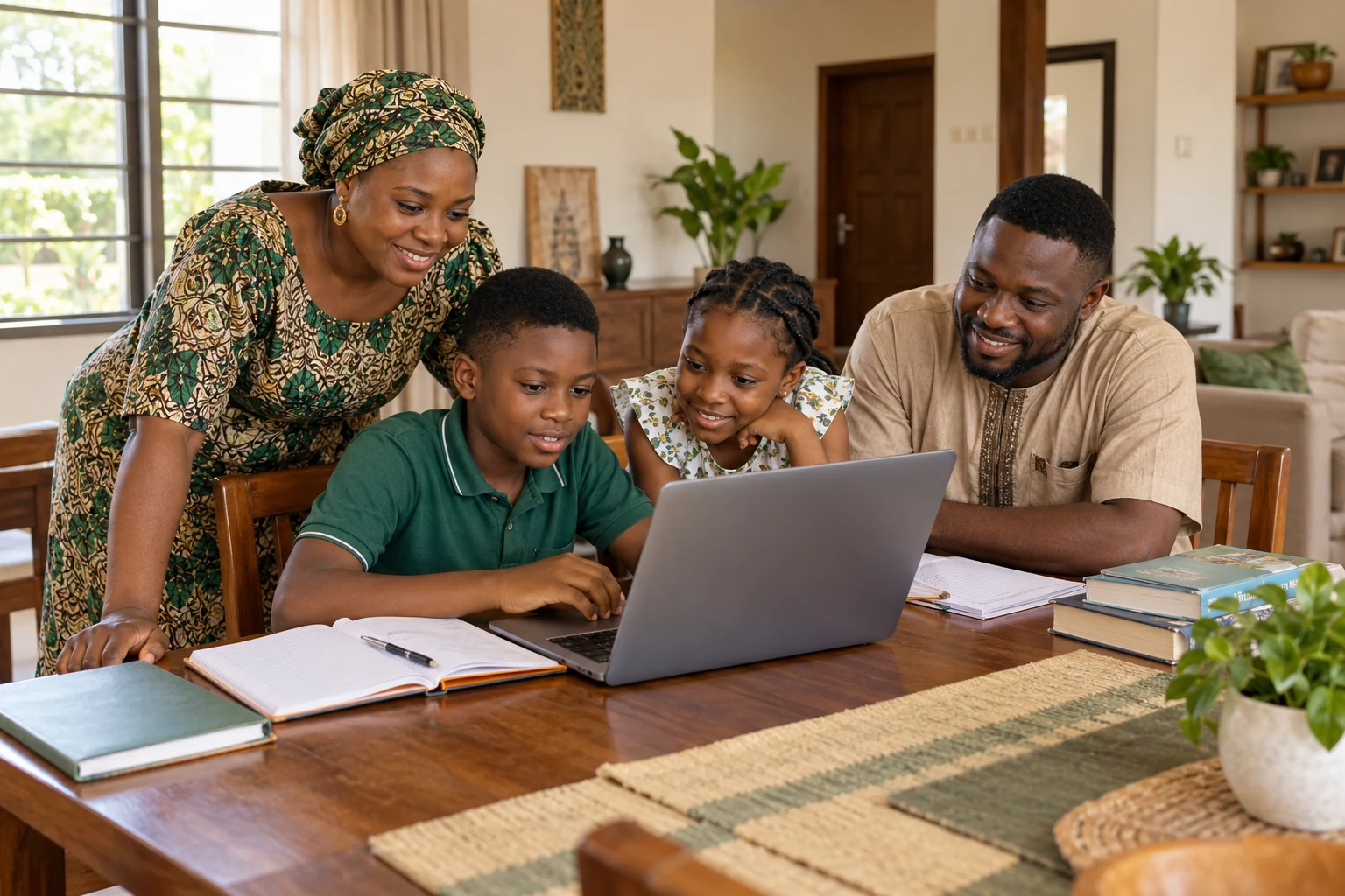 Illustrative family supporting a child’s educational work at home