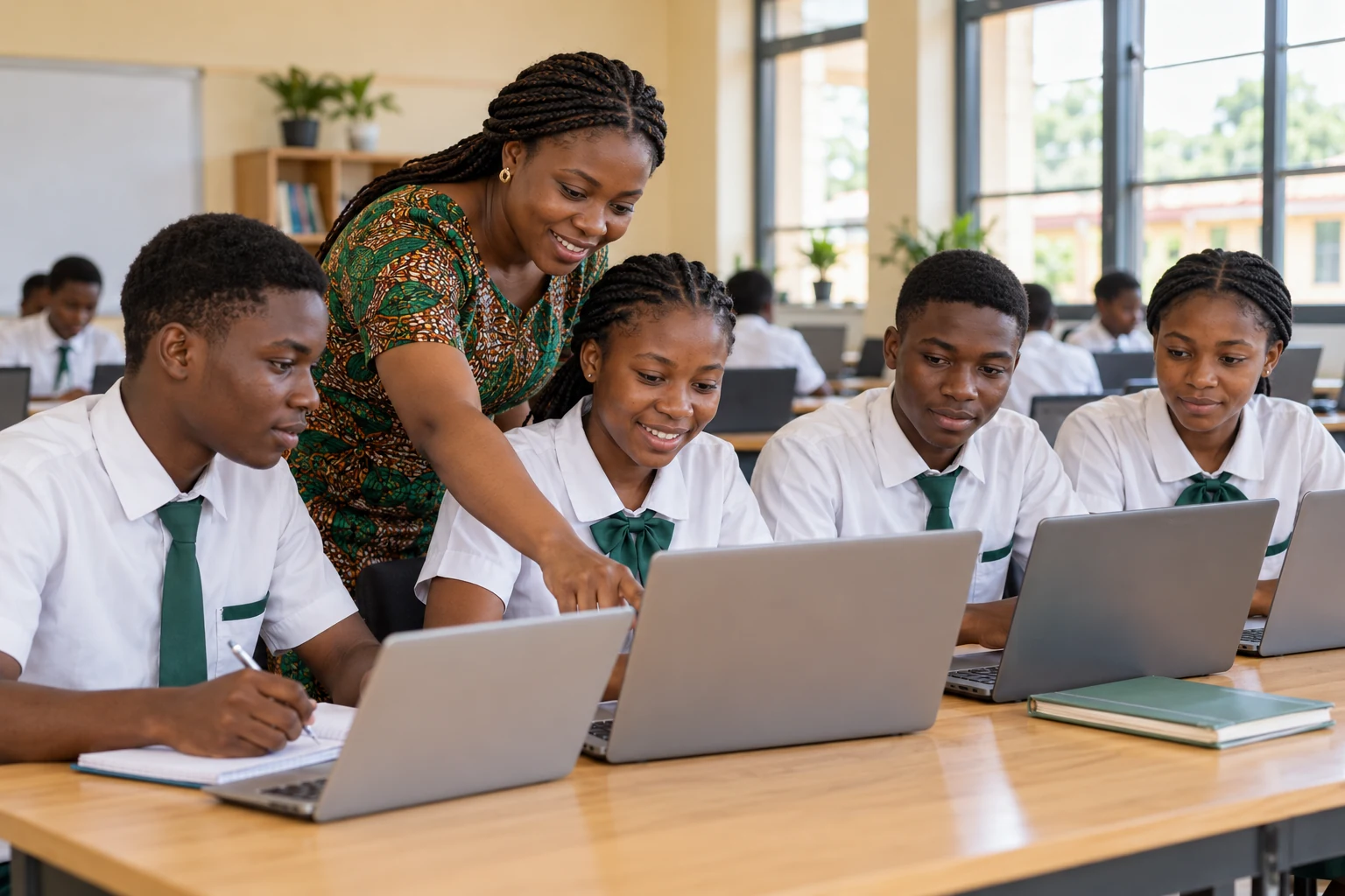 Illustrative teacher and learners engaging in a digitally supported classroom lesson