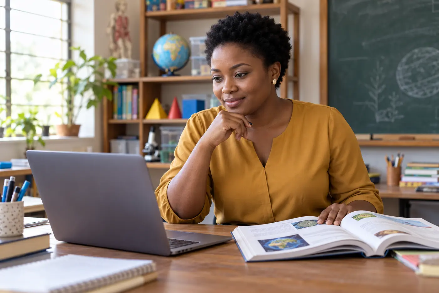 Illustrative Nigerian educator preparing lessons and working with educational resources